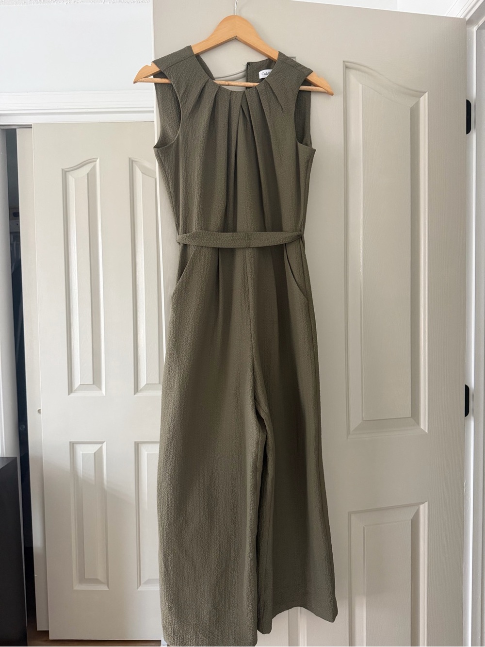 Calvin Klein Olive Sleeveless Wide-Leg Jumpsuit with Self Tie Belt